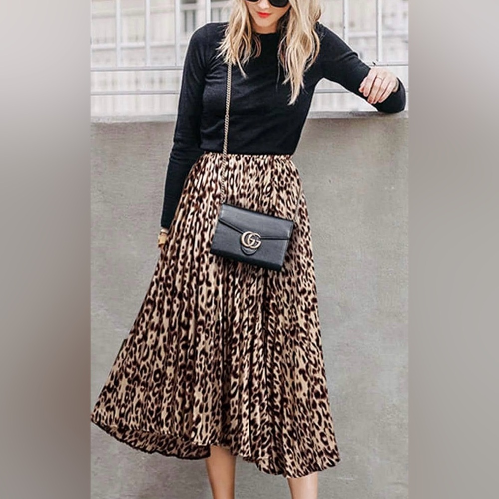 Women’s Leopard Print Midi High Waisted A Line Skirt